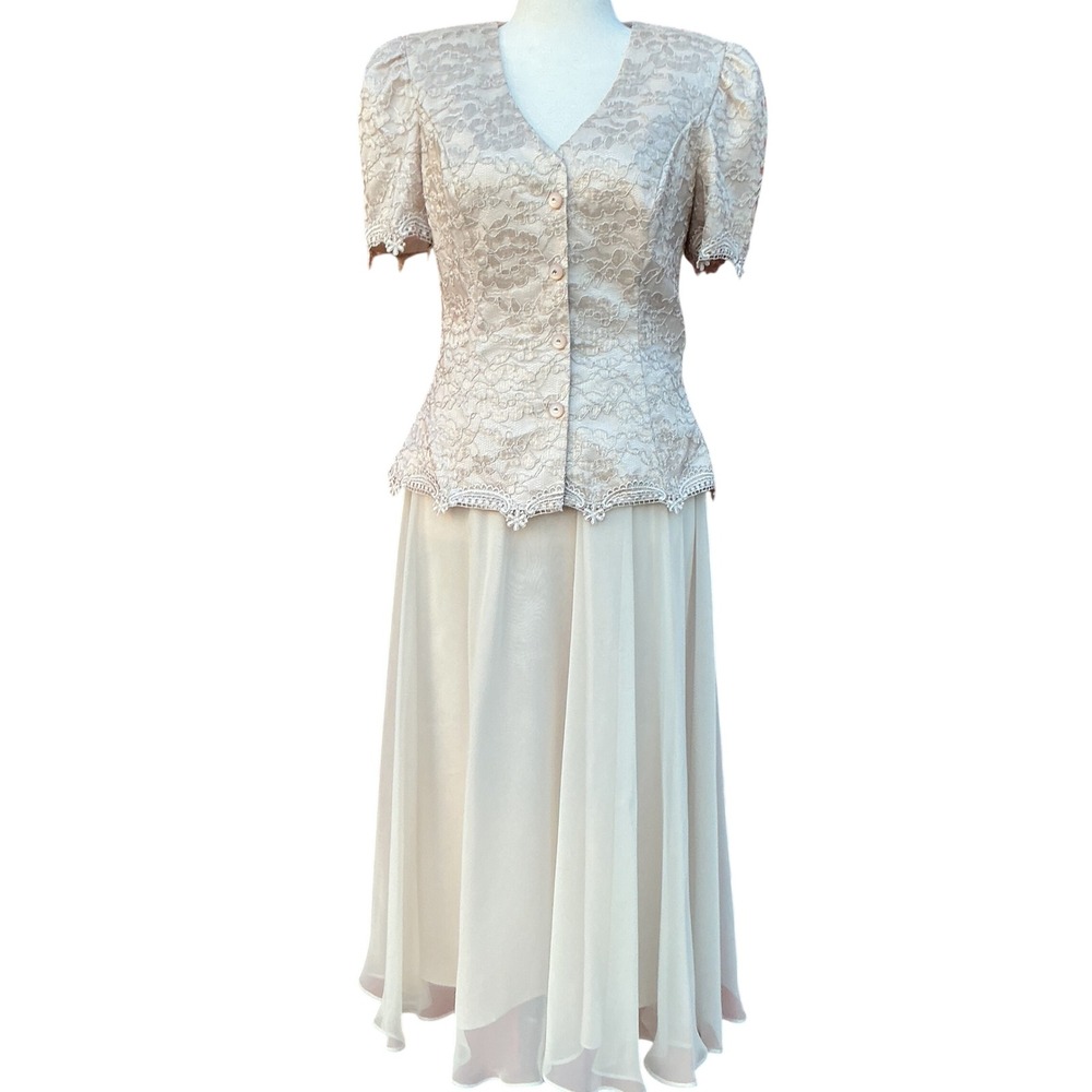 Cachet 2 Piece Dress Set Womens 12 Champagne Lace Chiffon Vintage 90s Romantic - Picture 3 of 14